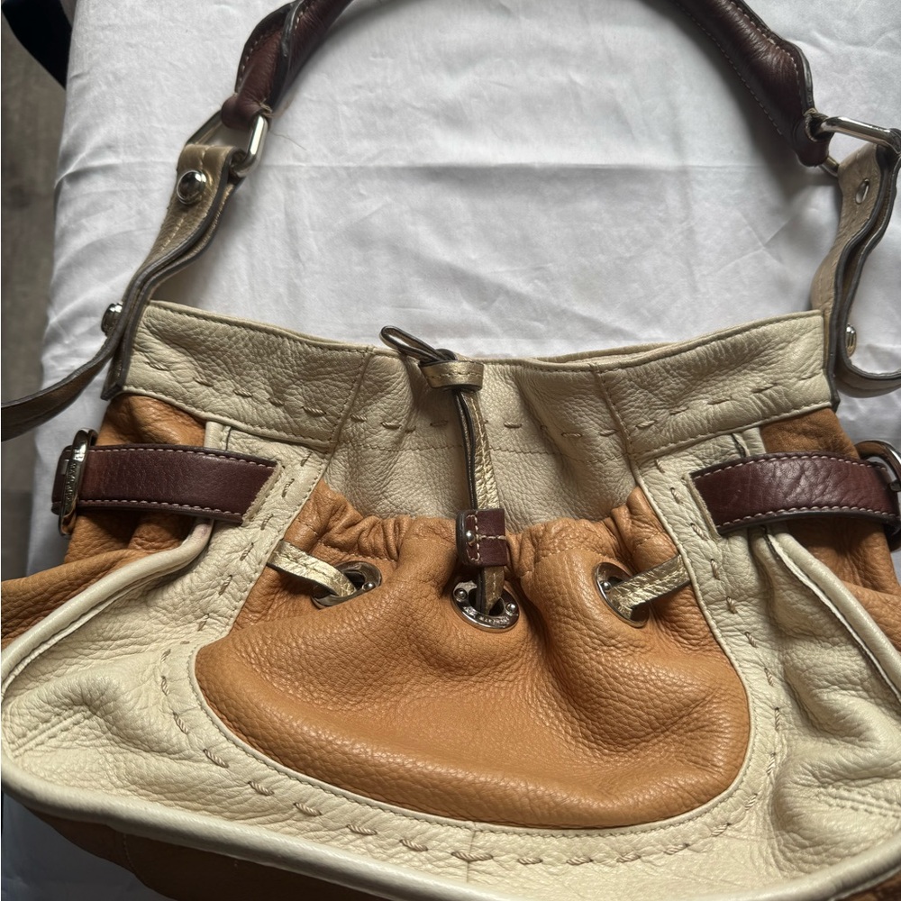 B. Makowsky Tan and Cream Leather Shoulder Bag new